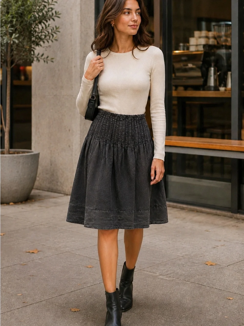 Free People Peyton Pintuck Midi Skirt, size 12, Washed Black, MSRP $128.